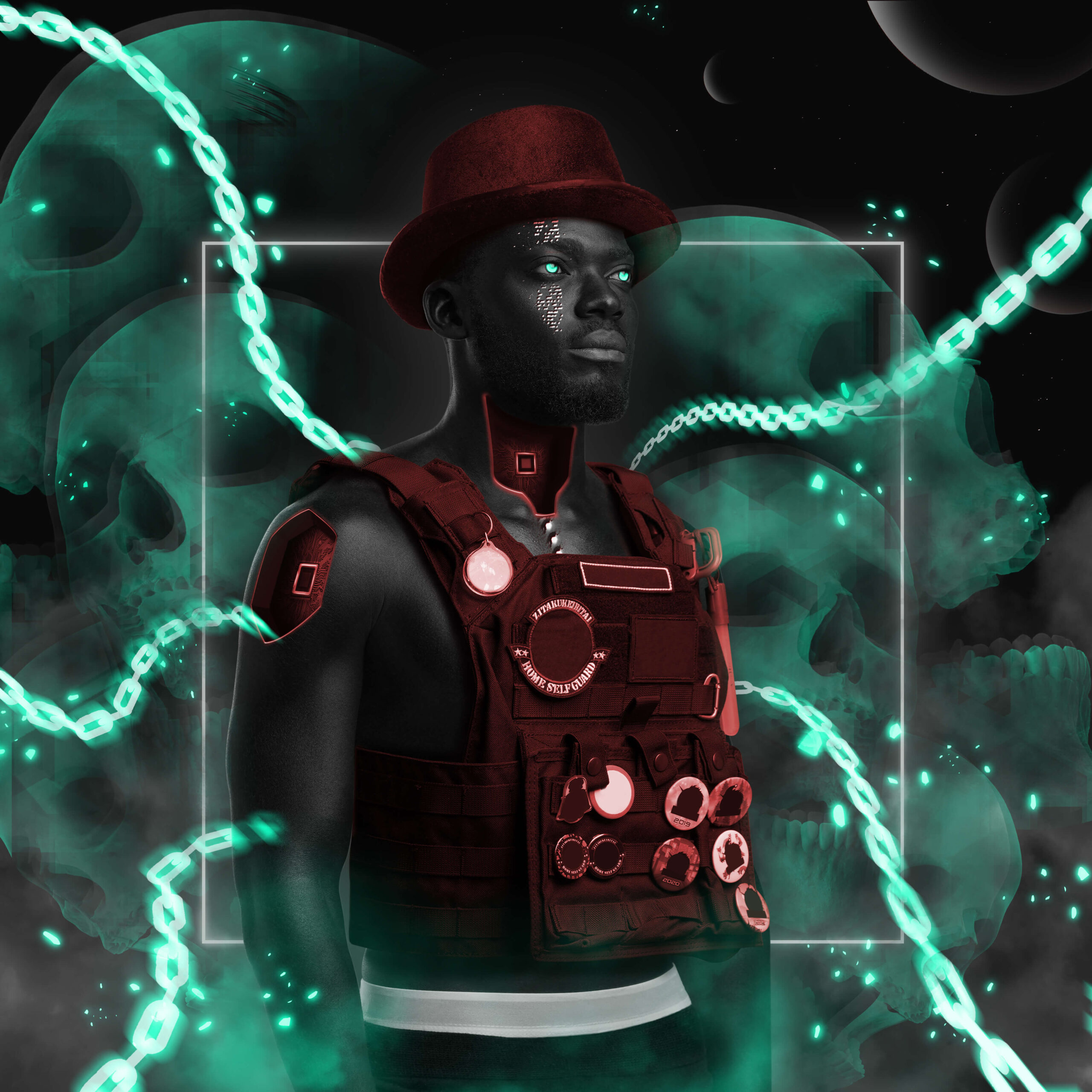 collection, set, assembly, select, non fungible token, non-fungible token, nft, artwork, art, portrait, fashion, style, adult, skin, metallic, iron, cyberpunk, futuristic, man, male, guy, african, black, alone, one person, square, teal, collection, set, assembly, select, non fungible token, non-fungible token, nft, artwork, art, portrait, fashion, style, adult, skin, metallic, iron, cyberpunk, futuristic, man, male, guy, african, black, alone, one person, square, teal