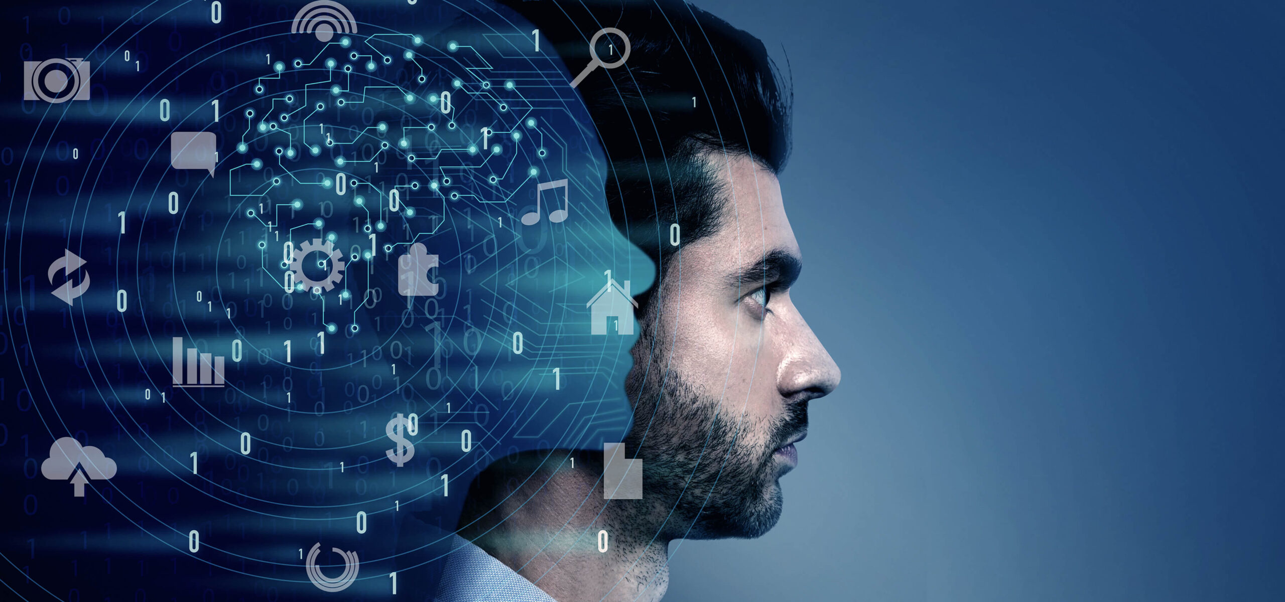 businessman illustration, binary and man, futuristic representation of man with AI, robotic-process, automation-concept, AI
