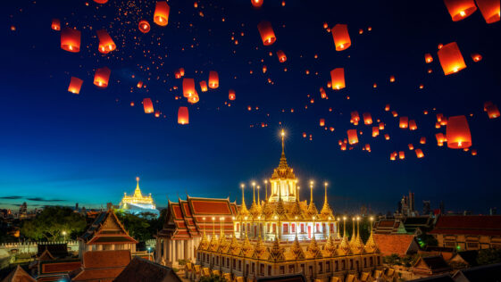 Lantern fly over grand palace in Bangkok city, Thailand