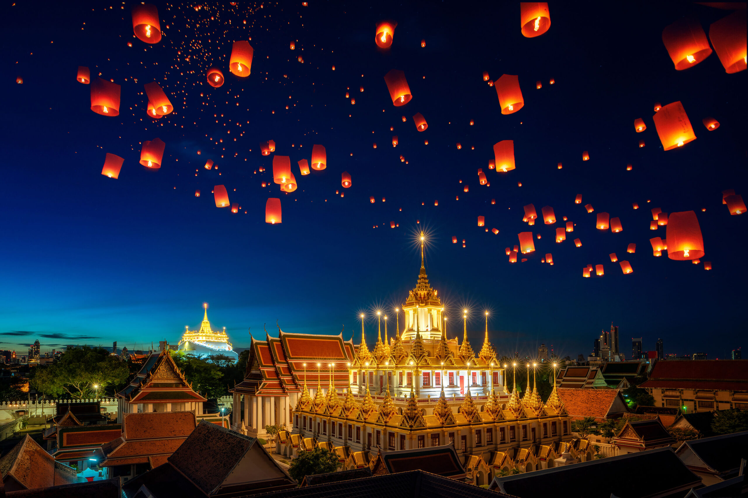 Lantern fly over grand palace in Bangkok city, Thailand