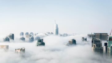 Dubai skyline in clouds