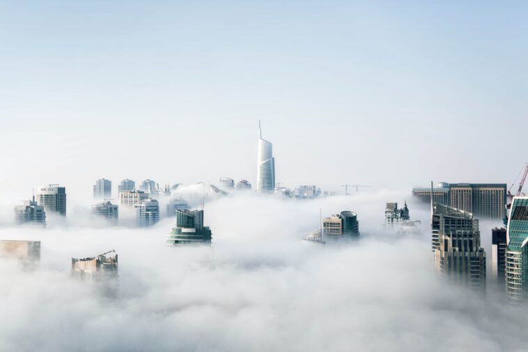 Dubai skyline in clouds