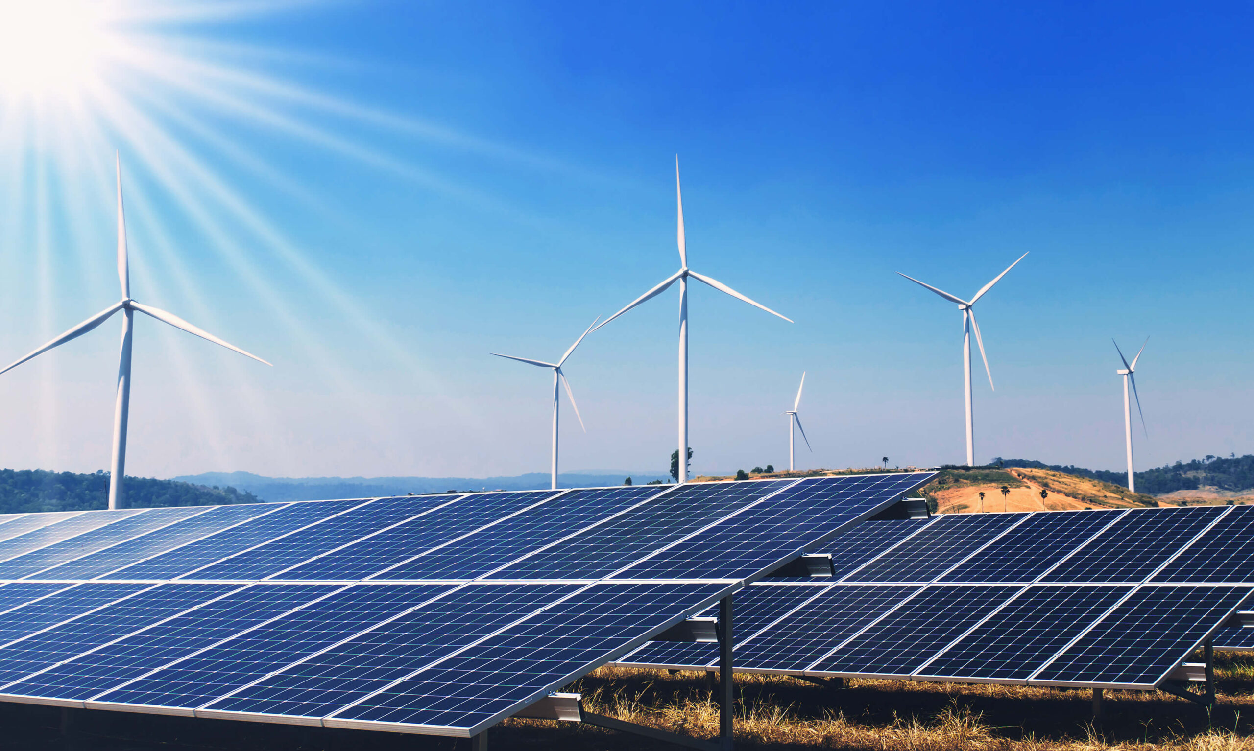 solar panels and wind turbine